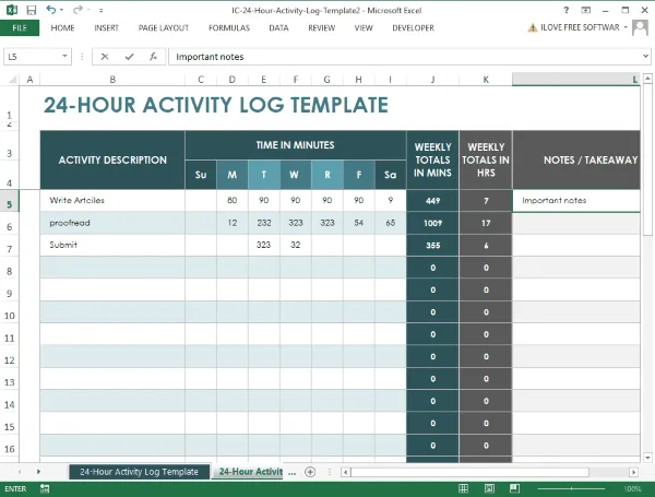 24-hour Activity Log Template