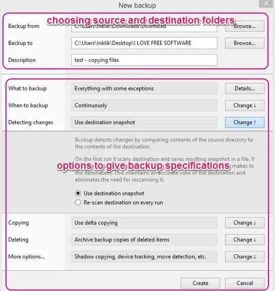 Bvckup 2 (beta) - choosing source, destination folders and giving copying specifications