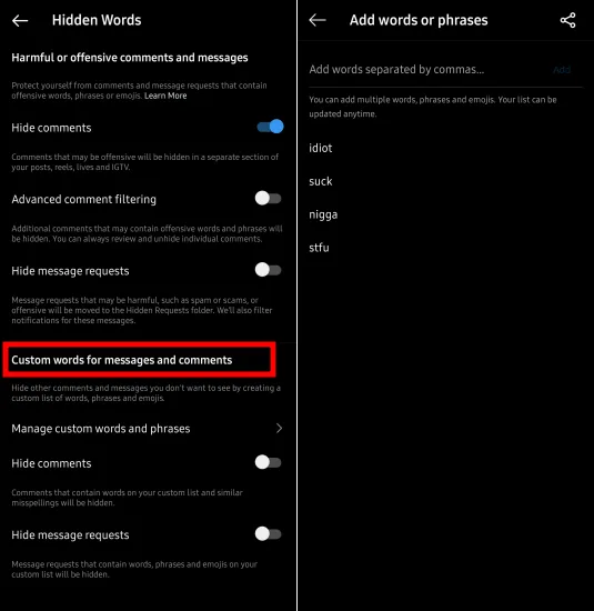 Instagram Hidden Words Custom Words