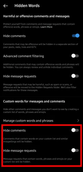 Instagram Hide Comments Message Requests based on Keywords