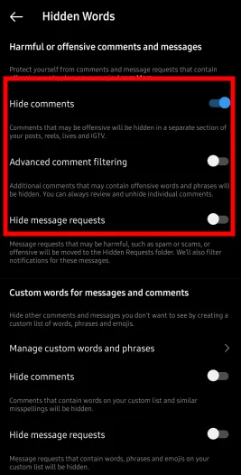 Instagram Hide DM Comments