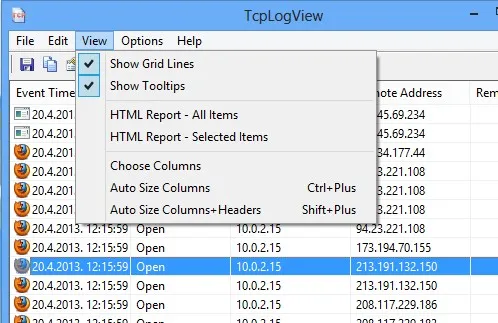 TcpLogView options