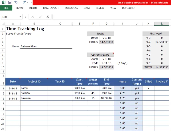 Time Tracking Template (by Vertex42)