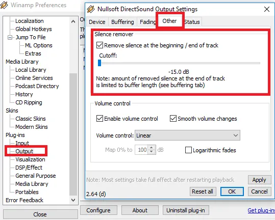 Winamp Preferences silence remover