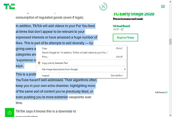 copy link to specific text on a webage
