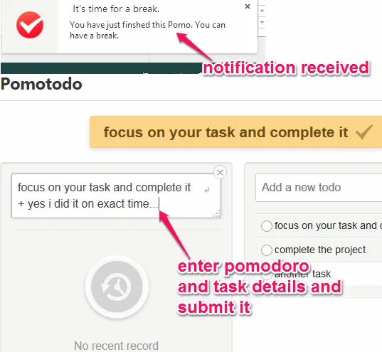 enter pomodoro and task details and submit it