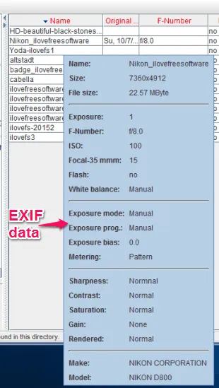 exif data visible in a pop-up