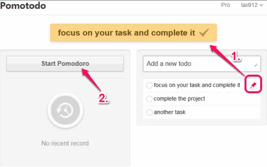 pin a task and start pomodoro