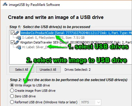 select usb drives and write image to usb drive option