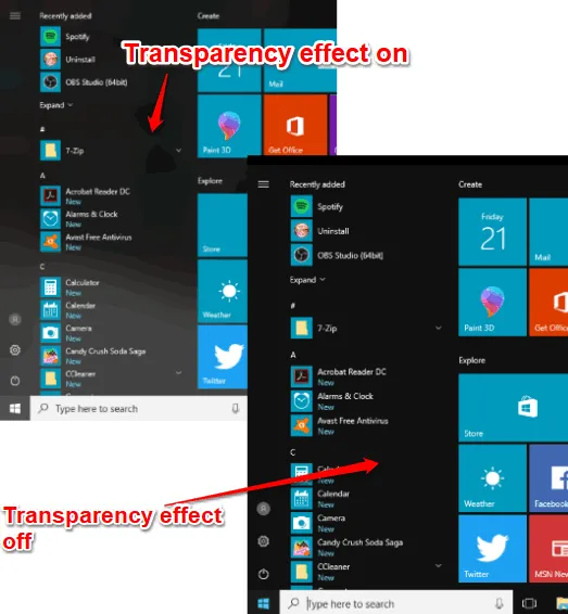 transparency effect comparison