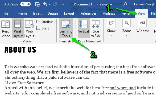 use learning tools option in view tab